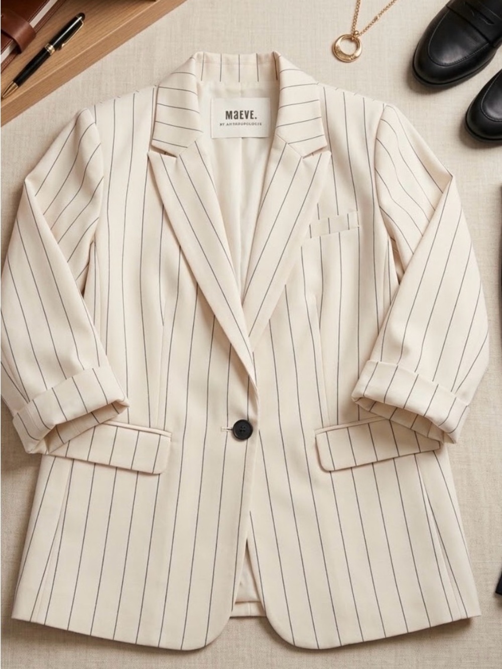 Maeve for Anthropologie Pinstripe Blazer - Cream & Navy, Single Button, Size